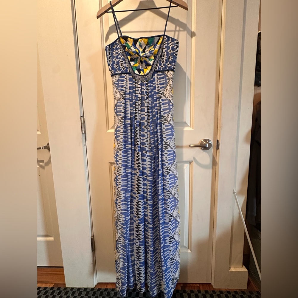 Anthropologie Blue and Yellow Patterned Maxi Dress